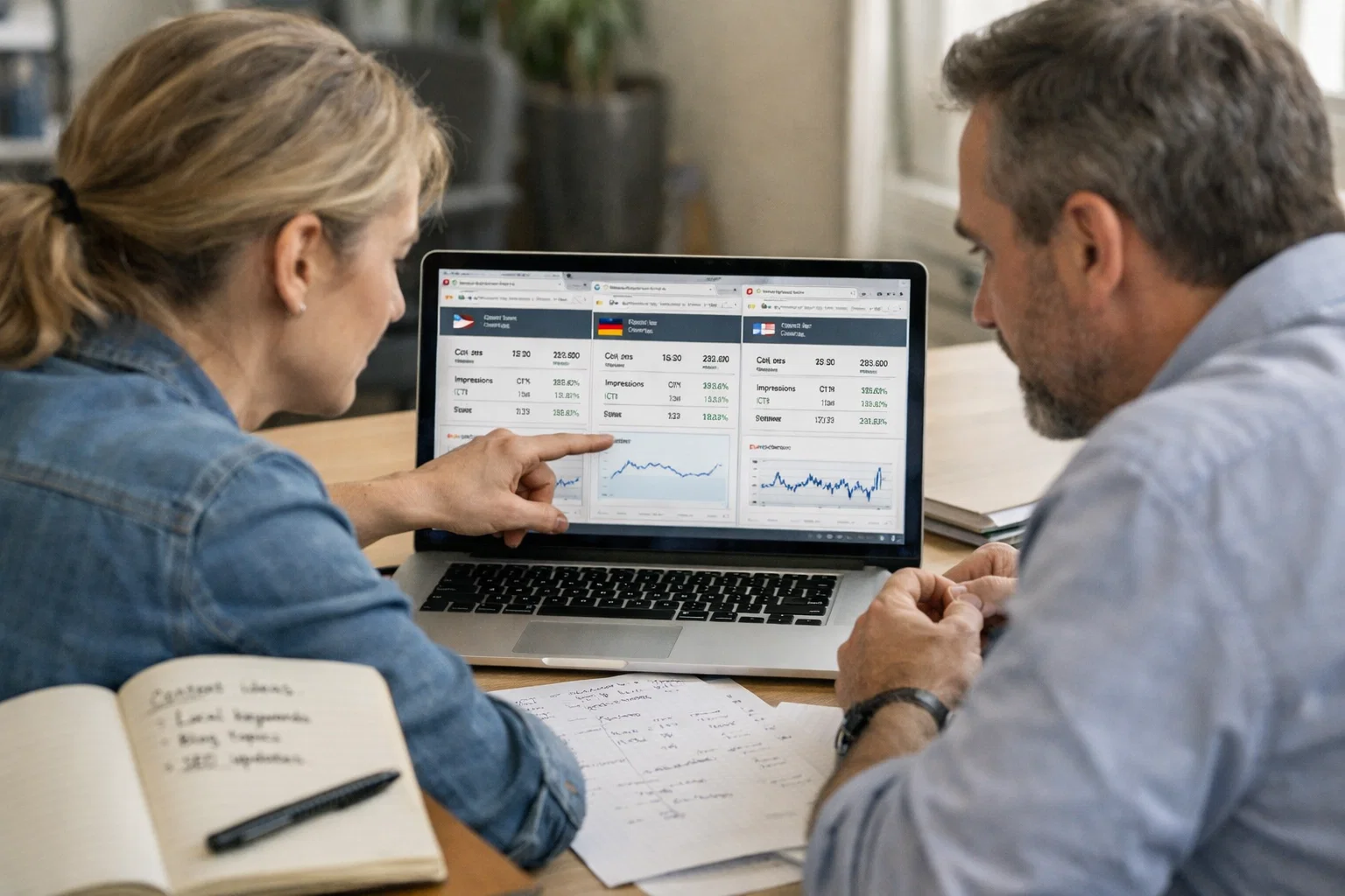 Professionals reviewing international SEO performance data across multiple regions