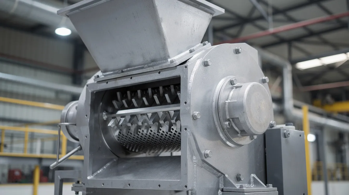 aff8ee2a 456c 497d 8bee 18b3f78fd262 The image shows a close-up view of industrial hammer mill machinery, featuring robust metal components and a grinding chamber, set within a factory environment. This equipment is essential in the ethanol production process, particularly for processing raw materials like corn and agricultural residues to produce high ethanol yield for fuel ethanol.
