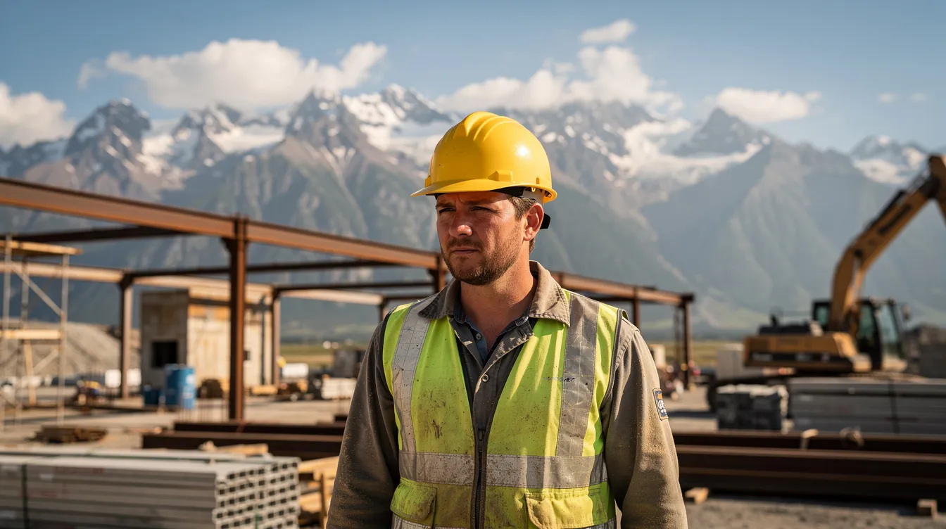 A construction worker wearing a hard hat stands on a job site, with majestic mountains in the background, symbolizing the challenges faced by injured workers in Colorado. This image reflects the importance of seeking legal help from a knowledgeable workers compensation attorney to navigate the complexities of workers compensation claims and ensure fair recovery for workplace injuries.