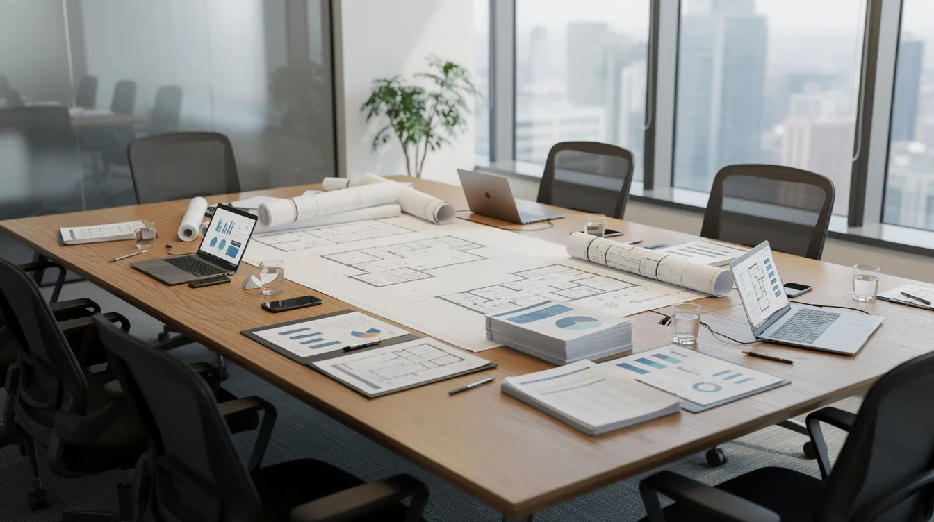 The image depicts a professional conference room with a large table covered in architectural plans and financial documents, emphasizing the strategic planning involved in real estate development. This setting reflects the importance of branding strategies and marketing materials for real estate developers aiming to attract investors and create a strong brand identity.