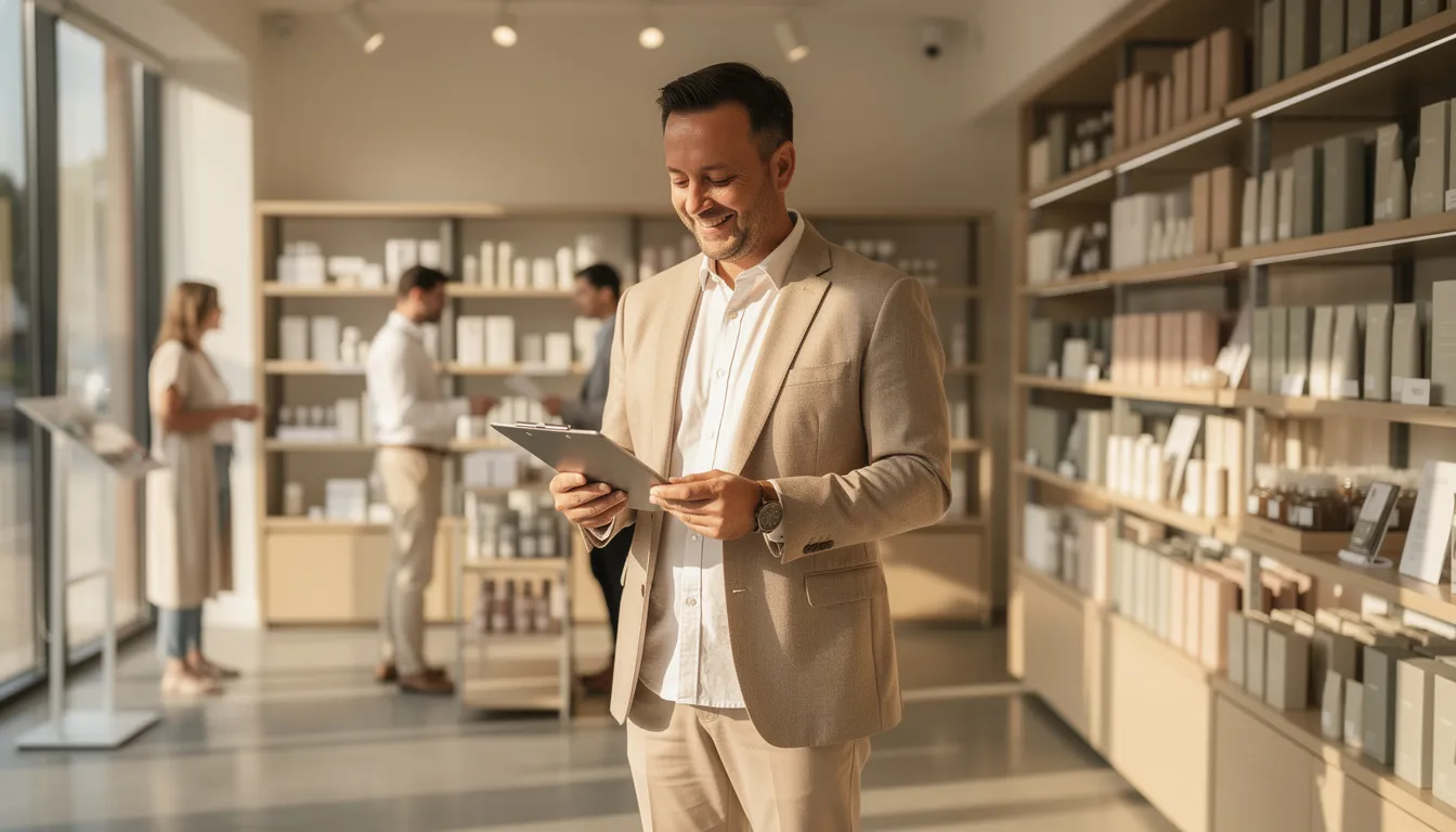 A confident retail business owner stands inside a well-organized storefront, happily monitoring a tabled after being notified of a funding approval letter, as customers are talking in the background, with natural lighting. Shelves are stocked neatly, and customers can be seen browsing in the background, creating an atmosphere of hearing and success after securing funding for their half of small business.