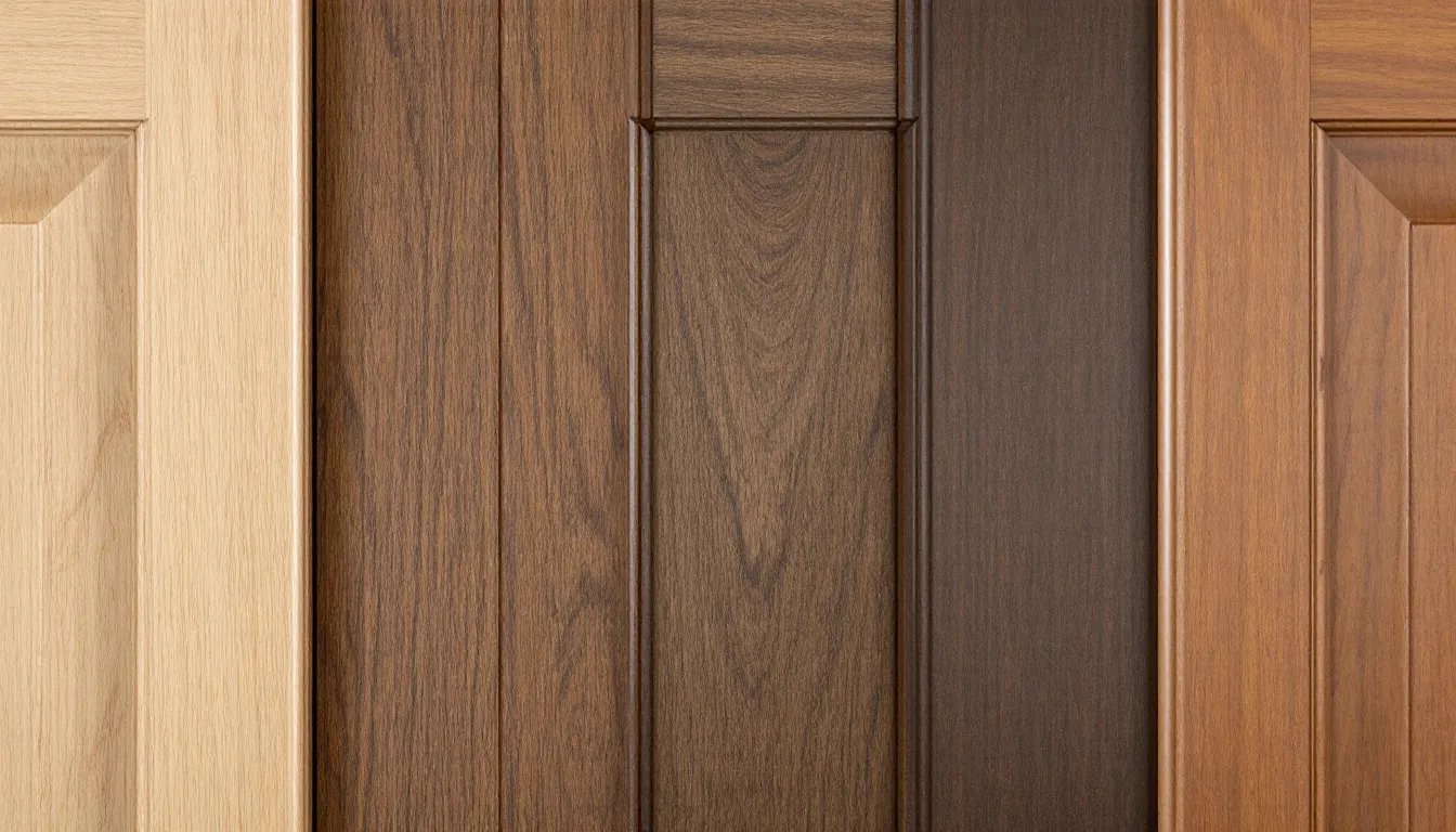 A close-up view of natural wood grain cabinet doors showcases various stain options, highlighting the beauty and texture of different finishes. This image exemplifies kitchen cabinet trends, perfect for homeowners planning a kitchen remodel to create their dream kitchen.