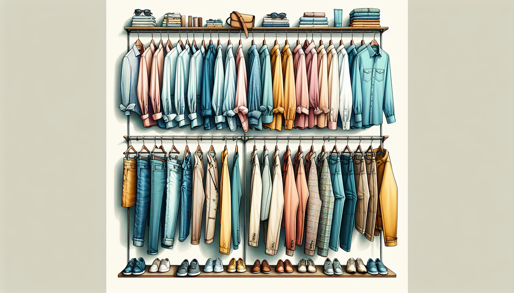 Illustration of various clothing items hanging on wall-mounted clothing rods