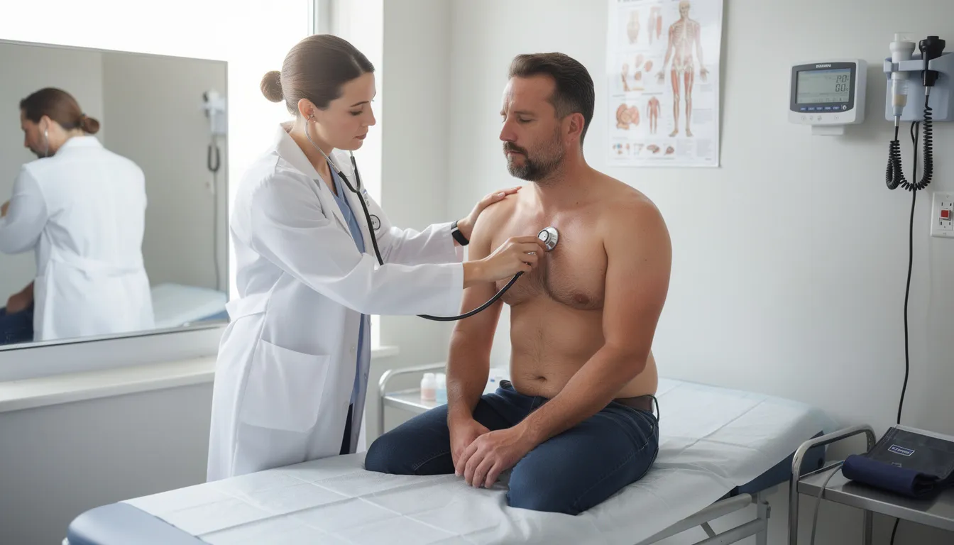 A medical professional is examining a patient's chest and back, focusing on areas that may be experiencing pain, such as the rib cage and upper back. The examination could help identify issues like intercostal muscle strain or rib-related pain, which may be causing symptoms like sharp chest pain or muscle stiffness.
