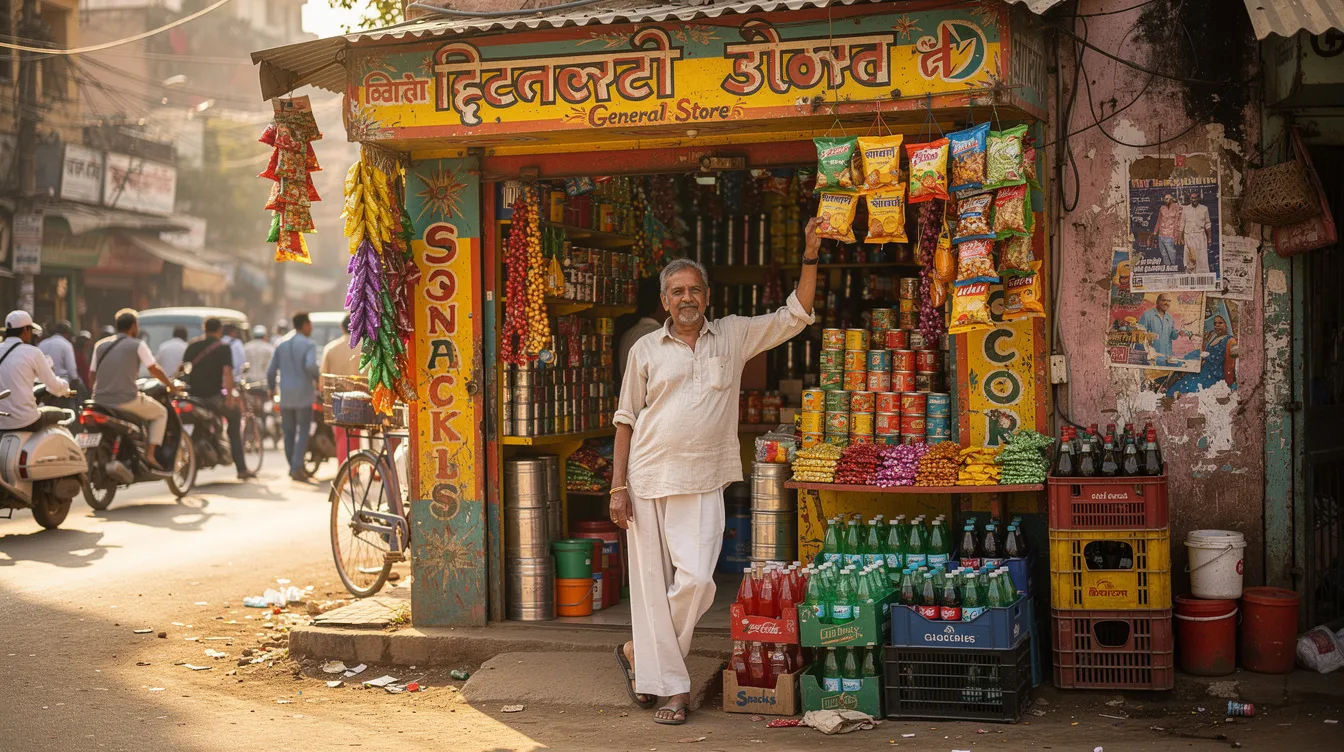 The image shows a small Indian shop owner standing proudly outside a vibrant retail store in a bustling market, surrounded by colorful products and eager customers. This scene reflects the spirit of small businesses and micro enterprises, which often benefit from financial assistance programs like the Pradhan Mantri Mudra Yojana (PMMY) to support their growth and development.