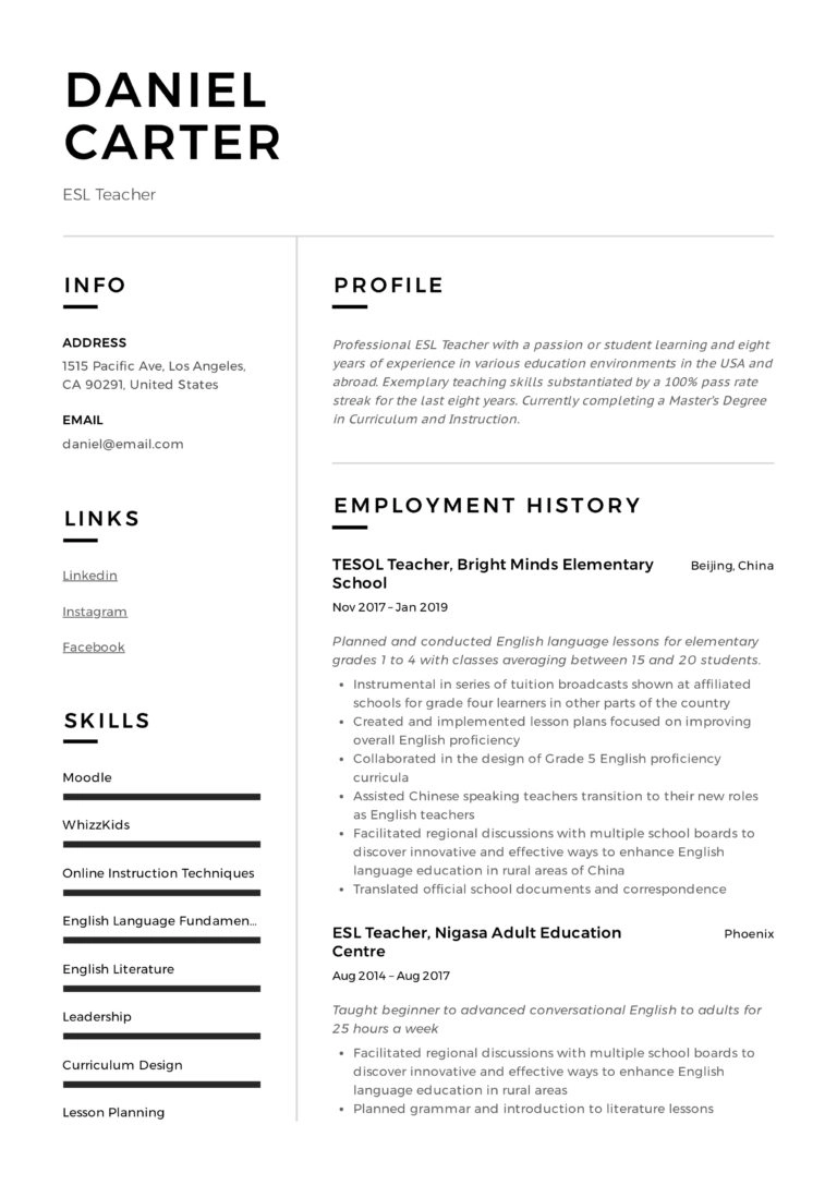 skills in resume for esl teacher