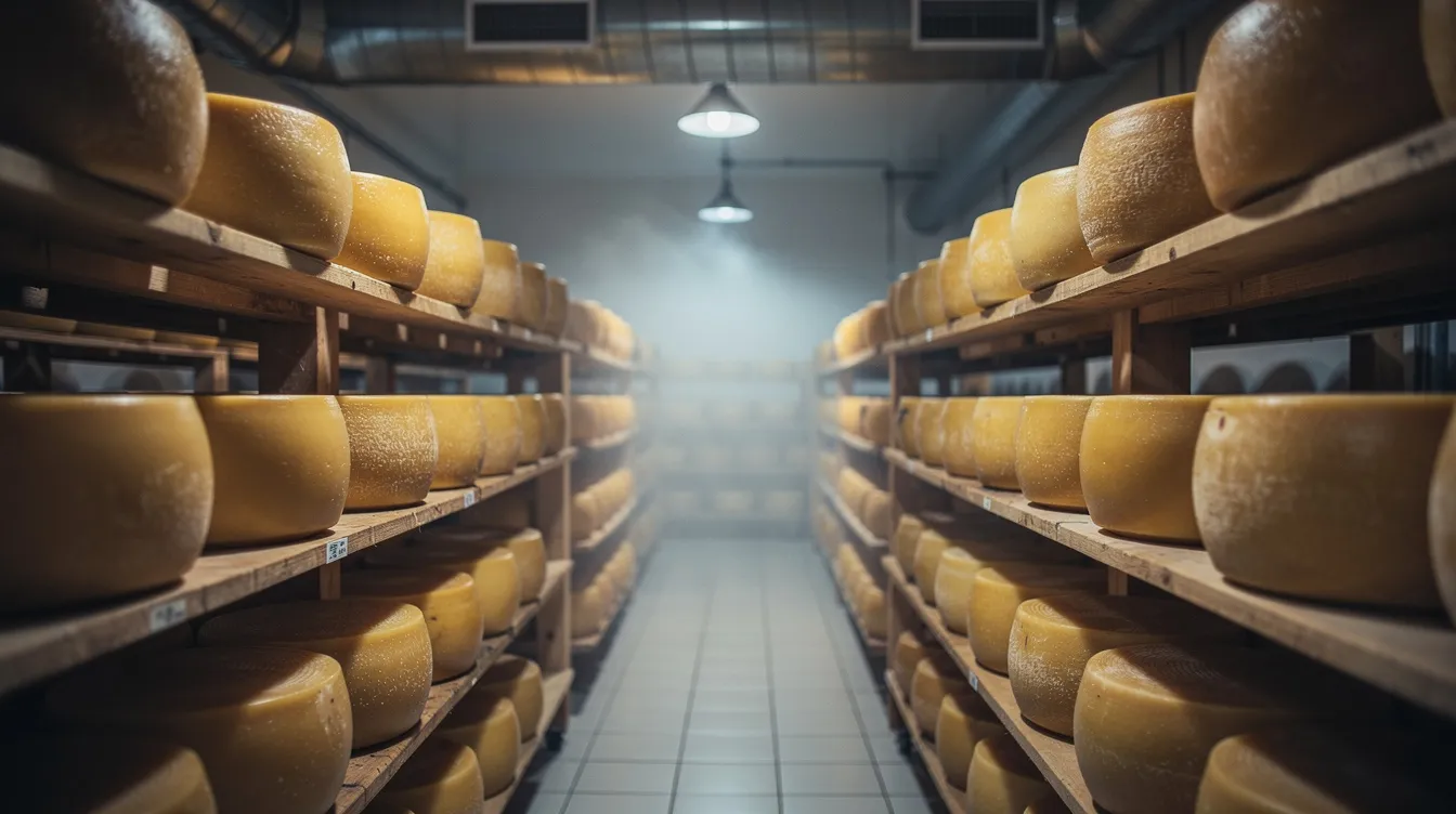 affefb1c 41ed 4b8b 9edd f80a694d86e4 The image shows rows of cheese wheels aging on wooden shelves in a temperature-controlled curing room, highlighting the cheese production process. This setting is essential for ensuring product quality and consistency as the cheese develops its flavors over time.