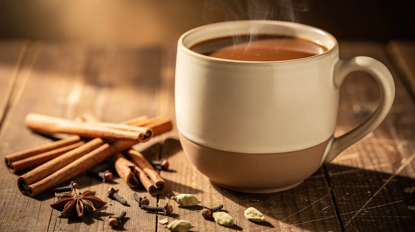 A warm ceramic mug filled with a spiced brown beverage, resembling a coffee alternative, sits on a rustic wooden table surrounded by cinnamon sticks and dried spices. This inviting scene evokes the comforting essence of a morning ritual, perfect for those seeking the health benefits of functional mushrooms and a smooth texture without the jitters of traditional coffee.