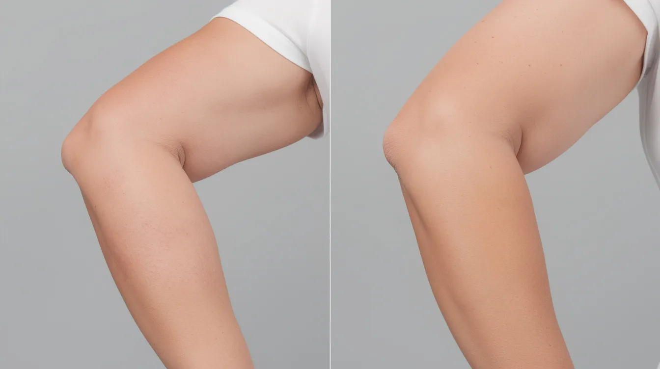 The image shows a side-by-side comparison of upper arms, highlighting the smoother contour achieved after a non-surgical body contouring treatment, which effectively eliminates excess skin and sagging skin for a more toned appearance. This visual representation illustrates the results of body sculpting procedures that target localized fat deposits and enhance the overall arm shape.