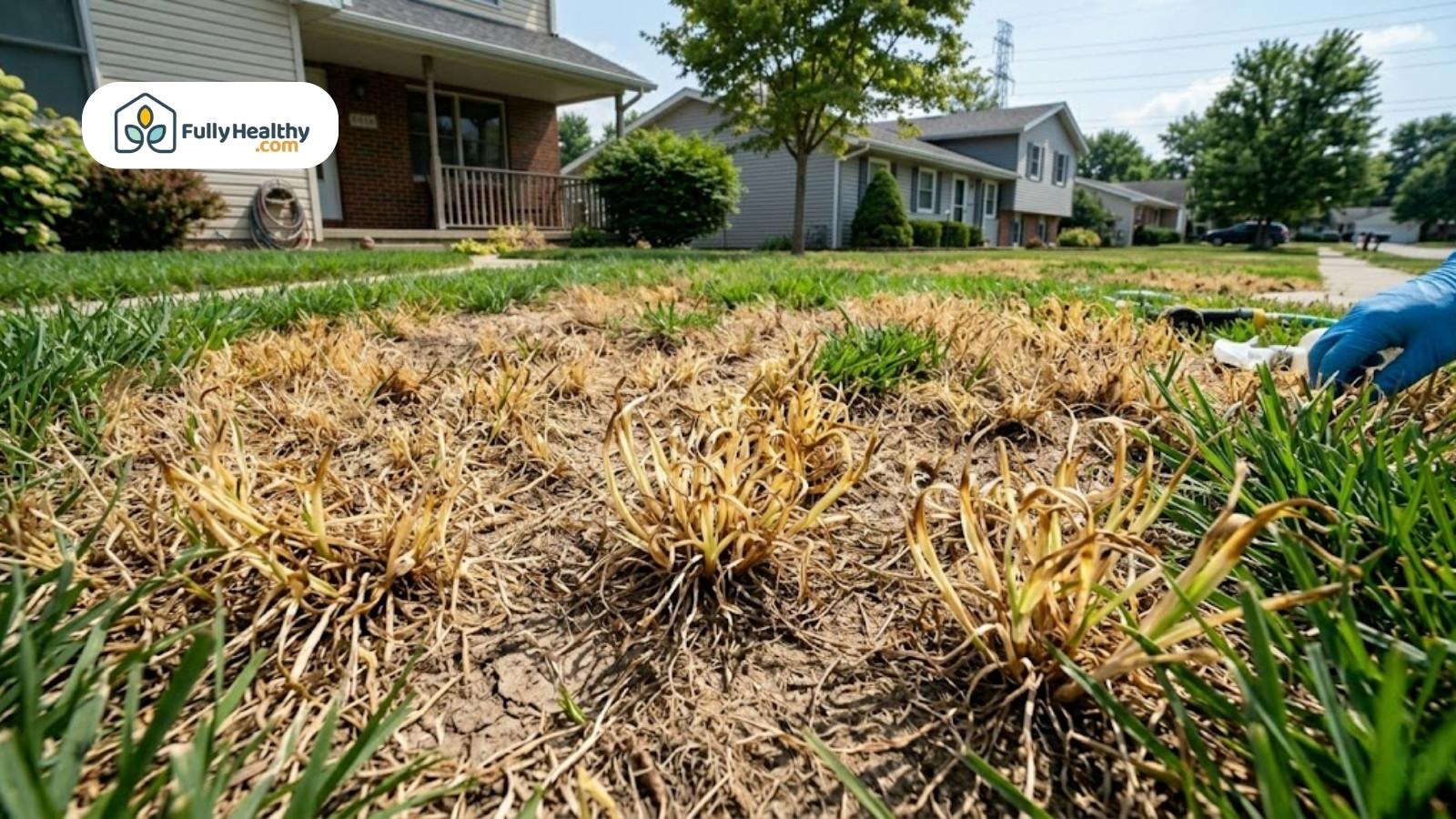 Close-up of dead grass patches showing damage from vinegar weed killer