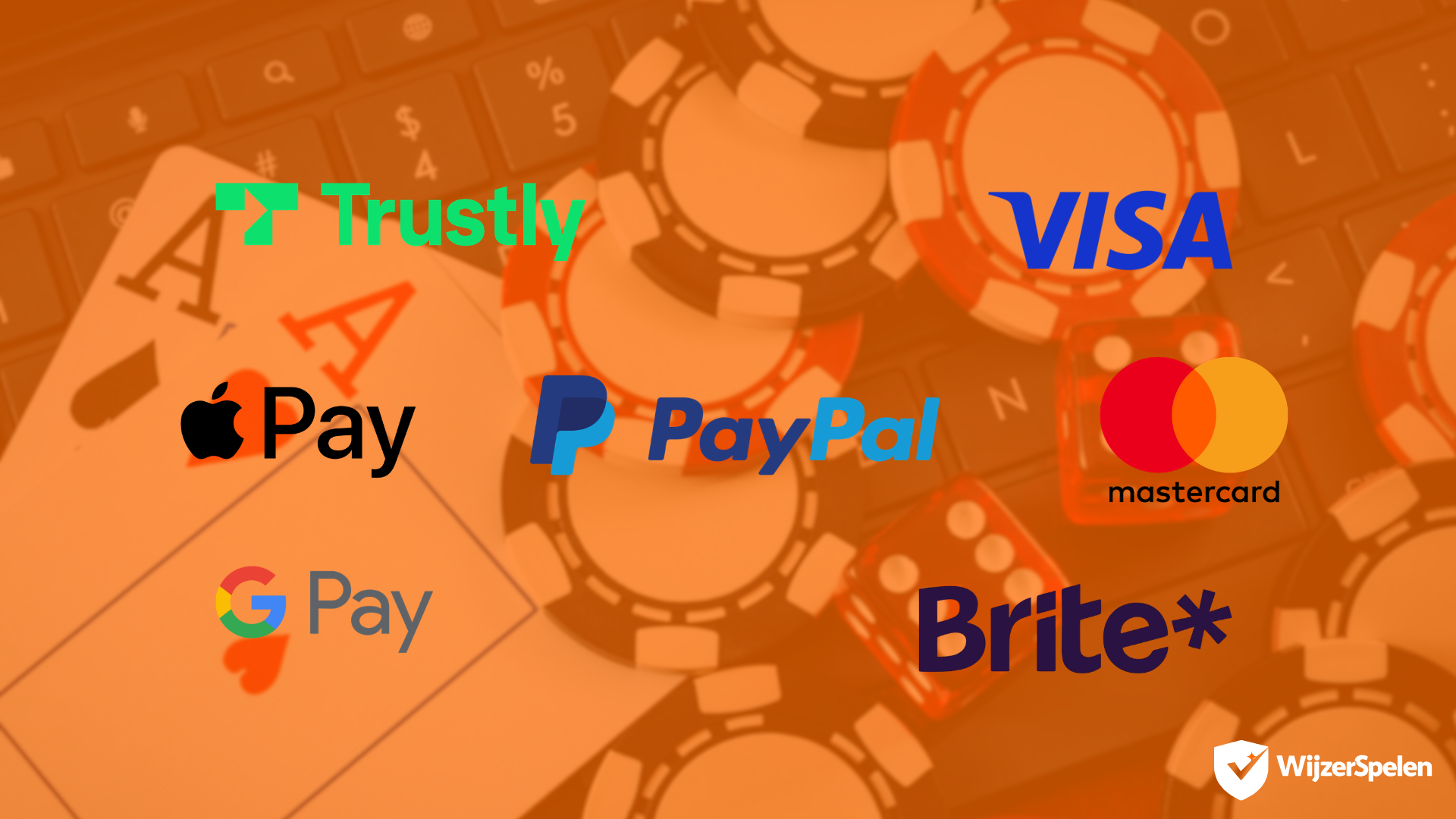 Overzicht van alternatieve betaalmethoden voor online casino’s zoals Trustly, PayPal, Visa, Mastercard, Apple Pay, Google Pay en Brite, die naast iDEAL als betaalmethode kunnen worden gebruikt bij legale Nederlandse online casino’s voor veilige stortingen en snelle online betalingen.