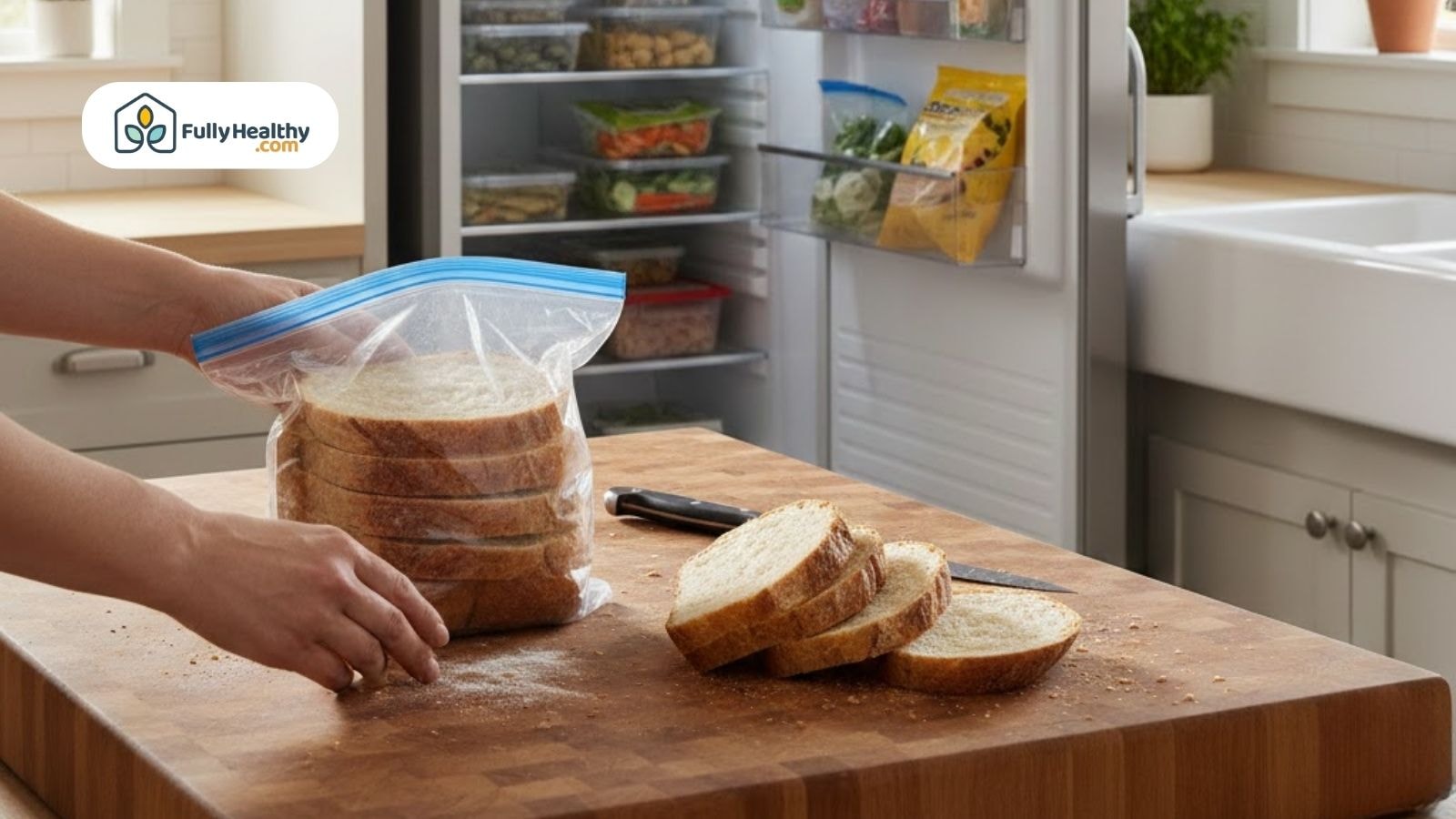Sliced bread placed into a plastic bag on a kitchen counter with an open freezer in the background.