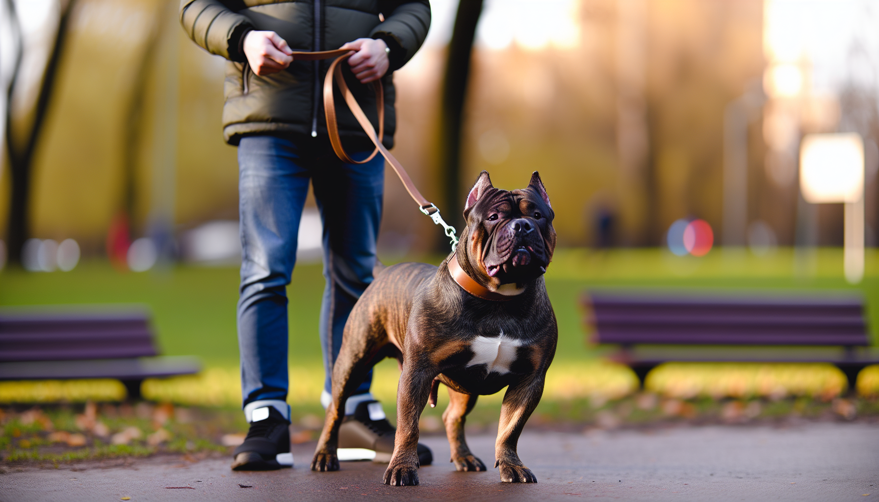 An XL Bully dog wearing a muzzle in a public place
