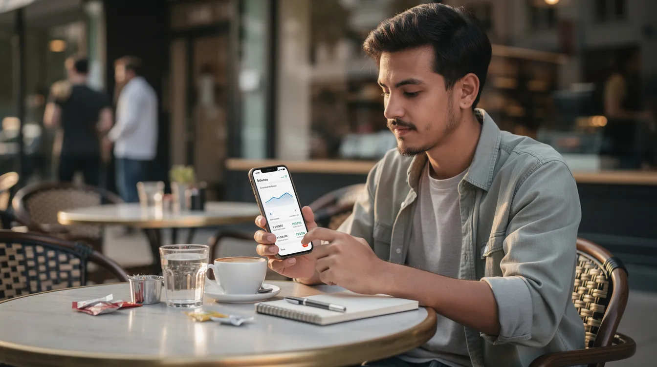 A young person is sitting at a cafe table, focused on their smartphone as they navigate their banking app, possibly checking their student account details or transferring money. The scene captures the essence of student life, emphasizing the convenience of online banking for managing finances like tuition fees and overdraft limits.
