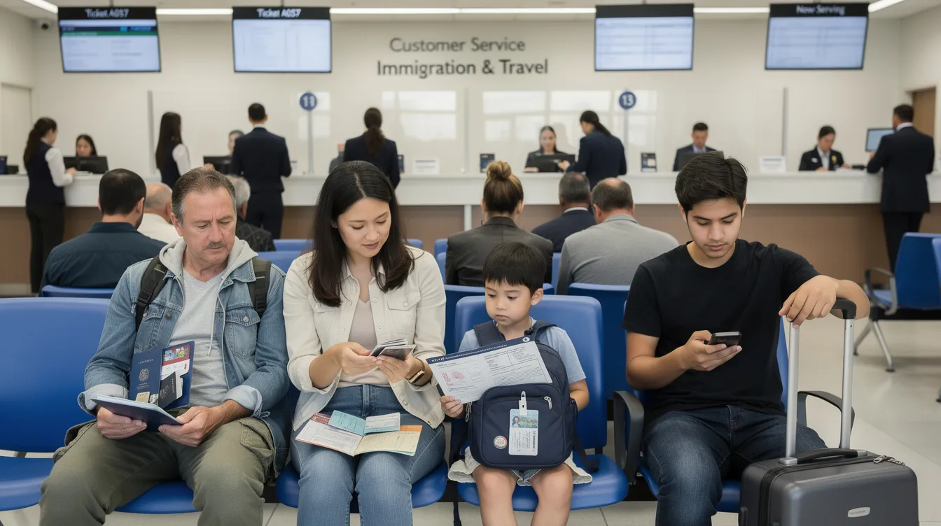 A family is sitting together in a service centre, holding their travel documents and preparing for their UK visa application. They appear to be discussing their travel plans and the necessary supporting documents required for their visit visas.