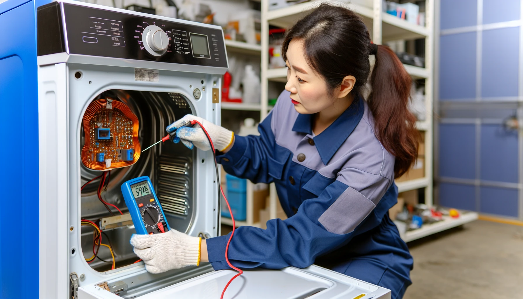 A technician inspecting the heating element of a Samsung dryer