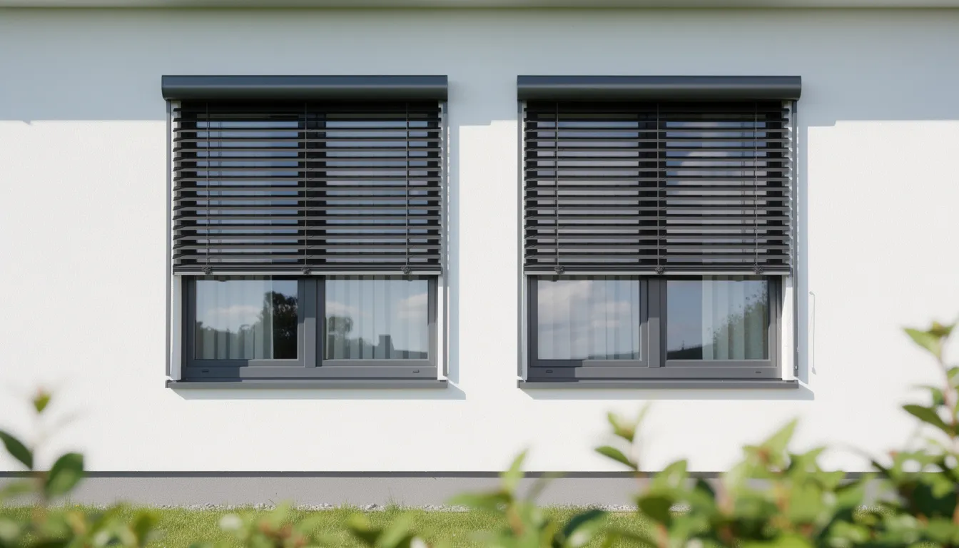 Een afbeelding van zonwering aan de buitenkant van een raam, met een zonwerend doek dat zorgt voor extra schaduw en optimale bescherming tegen de felle zon. De zonneschermen zijn gemonteerd met een eenvoudige montage en zijn beschikbaar in verschillende kleuren, waardoor ze een ideale oplossing bieden voor een aangenaam binnenklimaat.