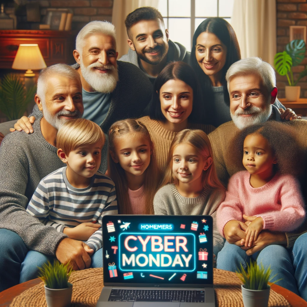 A family of homeschoolers looking at cyber monday sales for homeschooling families