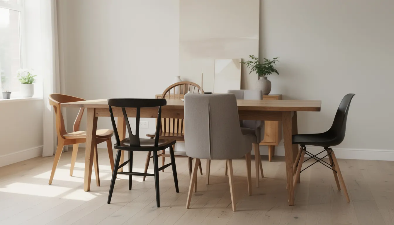 Een eetkamer met een grote houten tafel in het midden, omringd door verschillende stijlen stoelen die samen een gezellige sfeer creëren. De landelijke uitschuifbare eettafel biedt ruimte voor familie en vrienden, perfect voor het dagelijkse leven en speciale gelegenheden.
