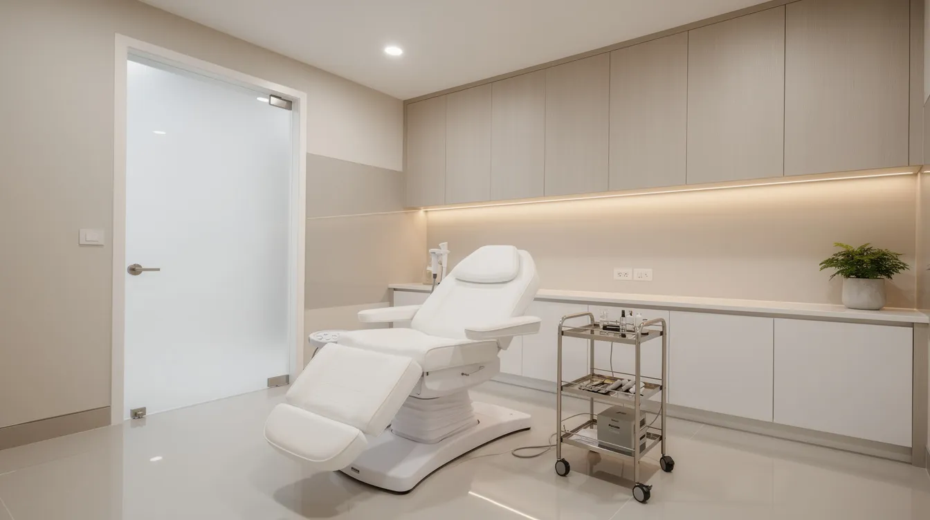 The image depicts a modern medspa treatment room featuring a comfortable procedure chair and warm ambient lighting, creating a serene environment ideal for nonsurgical cosmetic procedures like Sculptra butt injections. This inviting space is designed to promote relaxation while stimulating the body's natural collagen production for a natural-looking enhancement.