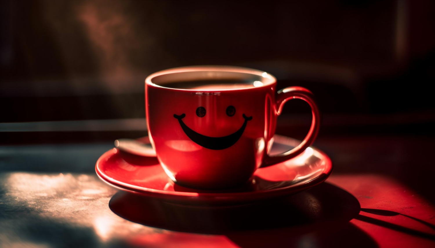 An image of a smiling cup of coffee with laughter emojis.
