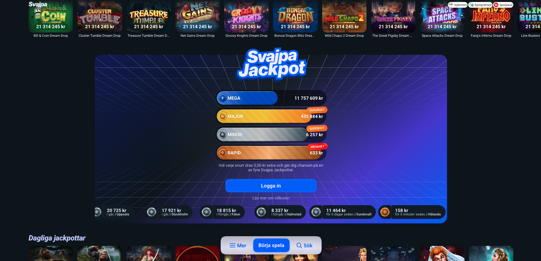 Översikt av slots och progressiva jackpotspel hos Svajpa Casino från Play'n GO, Pragmatic Play och Red Tiger.