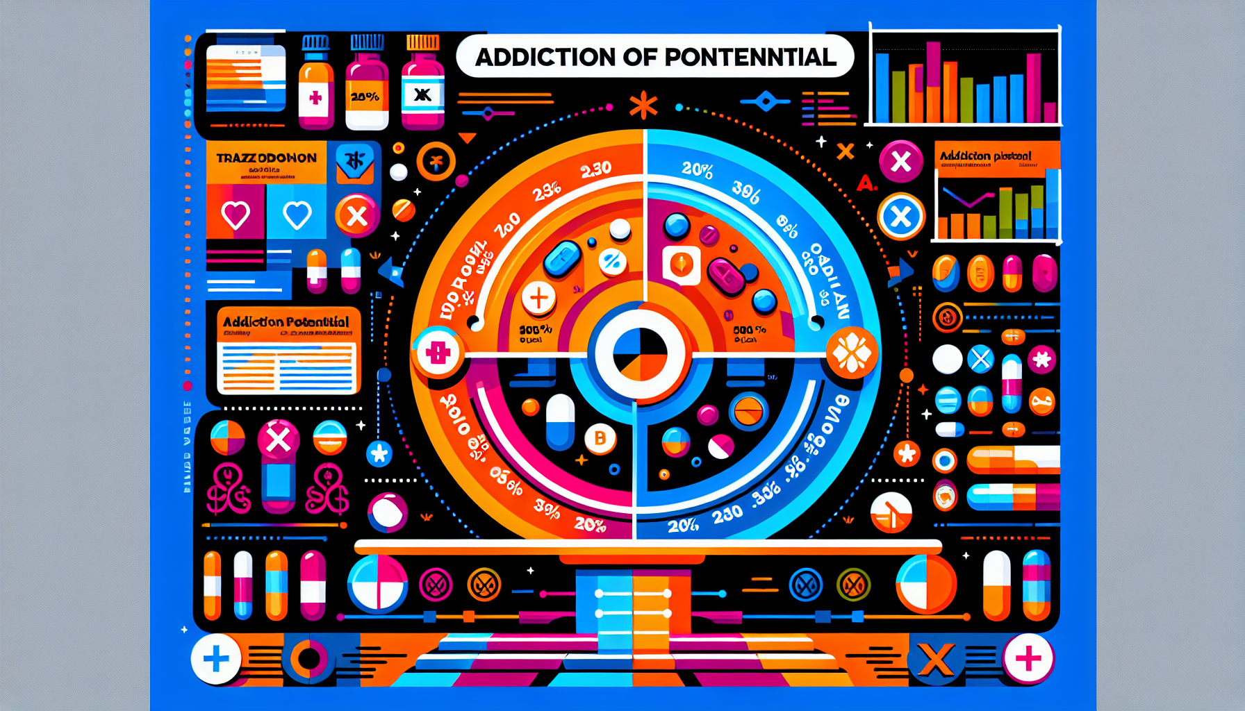 An infographic comparing the addiction potential of trazodone and xanax, emphasizing the risks associated with each.