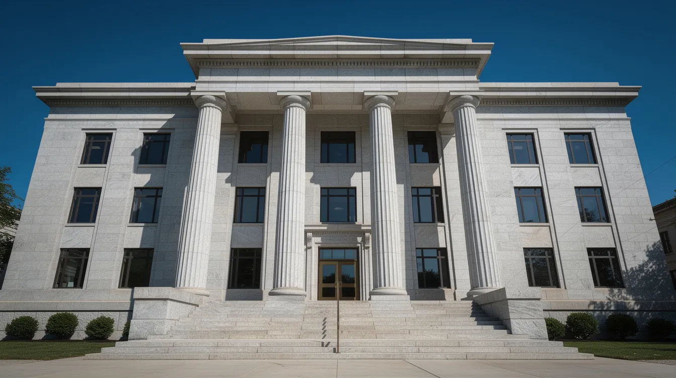 The image depicts a grand stone courthouse building featuring tall columns and wide steps, set against a clear blue sky. This structure symbolizes the judicial system, where appellate courts and trial courts handle civil and criminal cases, ensuring justice through the appeals process.