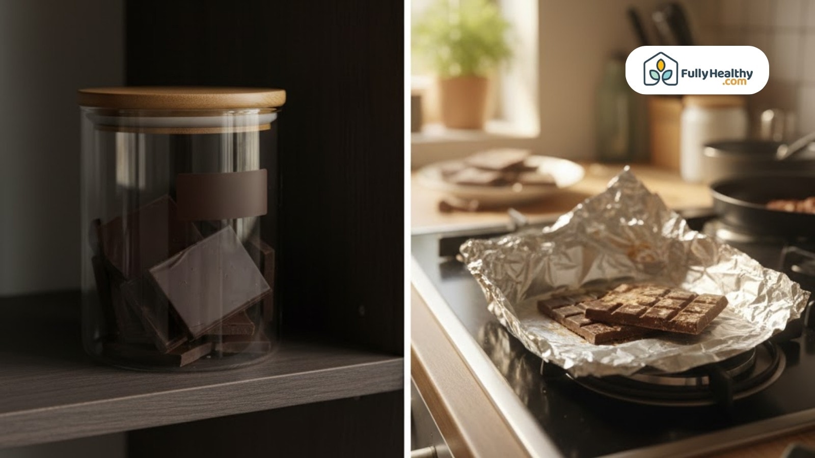 Chocolate pieces stored in jar and foil-wrapped chocolate bars on stovetop warming