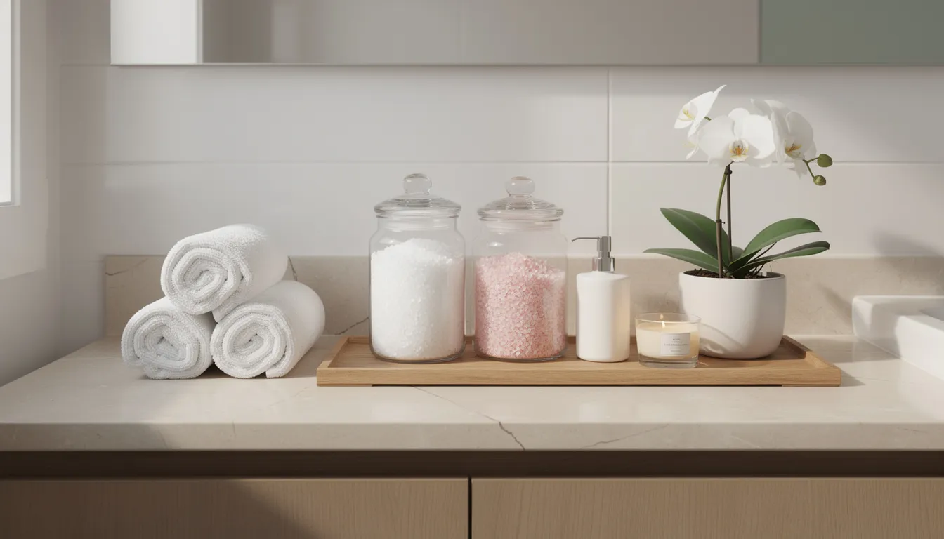 A stylish bathroom vanity features neatly rolled white towels, glass jars filled with bath salts, and a small orchid plant, all arranged on a wooden tray, creating a spa-like atmosphere perfect for relaxation. The minimalist accessories enhance the clean lines and spacious feel of the room, making it an ideal bathroom inspiration for a modern living space.