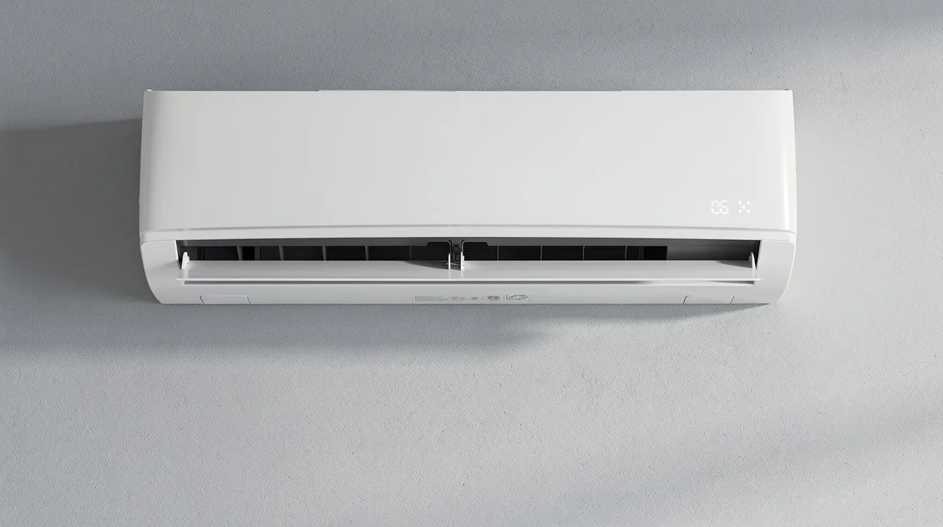 A close-up view of a modern white inverter split air conditioner is mounted on a light grey wall, showcasing its sleek design in a clean, minimalist interior with soft ambient lighting. This air conditioning unit offers reliable cooling options, ideal for creating a comfortable atmosphere in any home or office space.