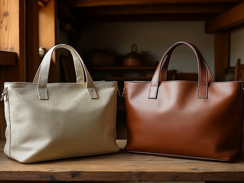 A Picture of a canvas tote bag and a brown leather tote bag placed side by side on a wooden table. The bags are standing upright in a room with warm lighting and wooden shelves in the background. Both bags have short handles and a simple, stylish design.