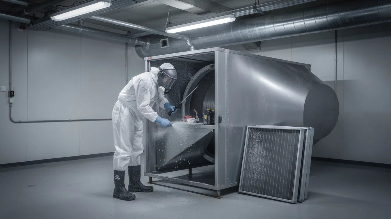 En professionel i beskyttelsesdragt og åndedrætsværn arbejder på rensning af et ventilationsaggregat for at sikre et sundt indeklima og fjerne eventuelle skader forårsaget af skimmelsvamp. Rengøringen fokuserer på at fjerne dødt organisk materiale og sporer, som kan føre til allergiske symptomer og muggen lugt.