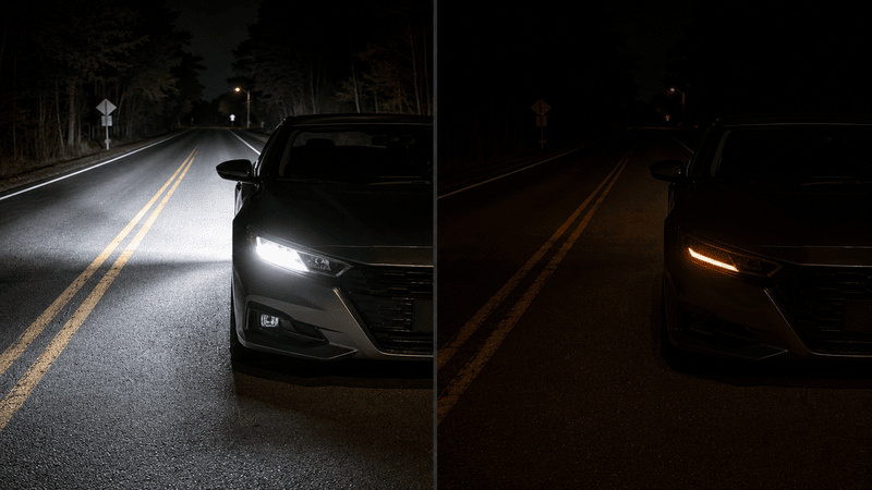 comparison of headlights with whiter tone and parking lights 