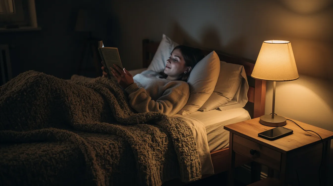 A person is comfortably reading a book in bed, illuminated by the warm light of a lamp, while their phone rests face-down on the nightstand. This serene sleep environment promotes adequate rest and supports skin health, as quality sleep is essential for maintaining the skin&rsquo;s natural defenses and reducing visible signs of aging.