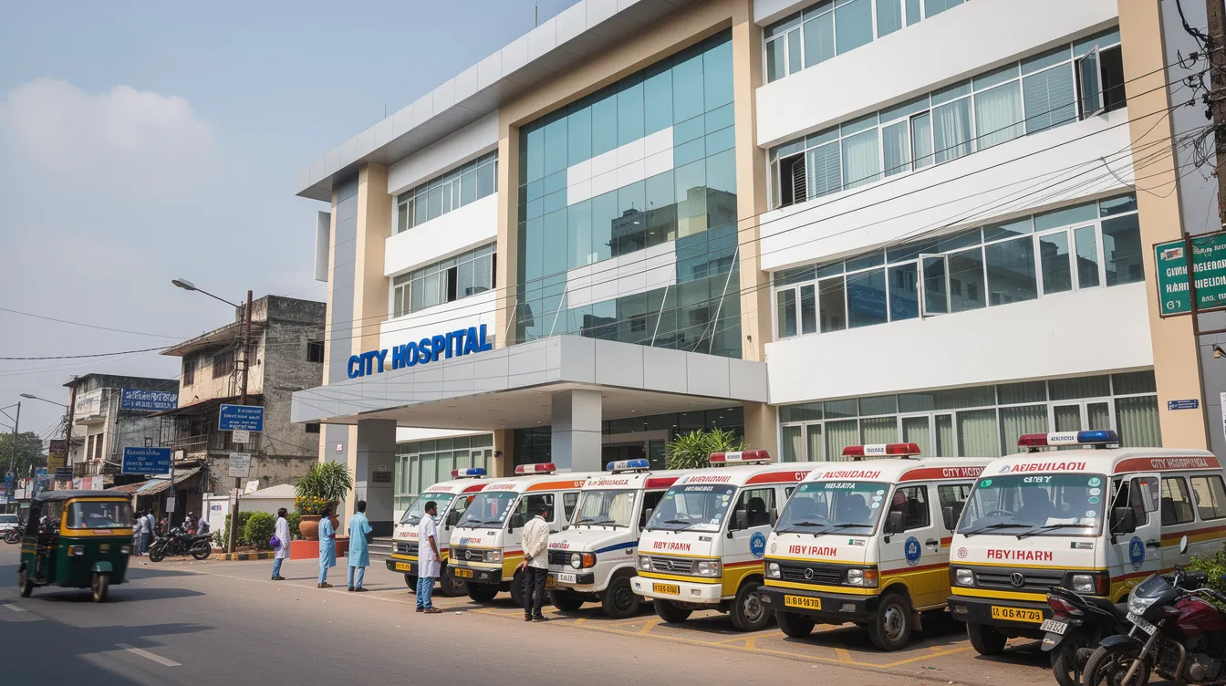 The image shows a modern multi-storey hospital building located in an Indian city, with several ambulances parked outside, ready to provide emergency services. This facility represents a key component of the healthcare sector, emphasizing the importance of financial health and operational efficiency in patient care.