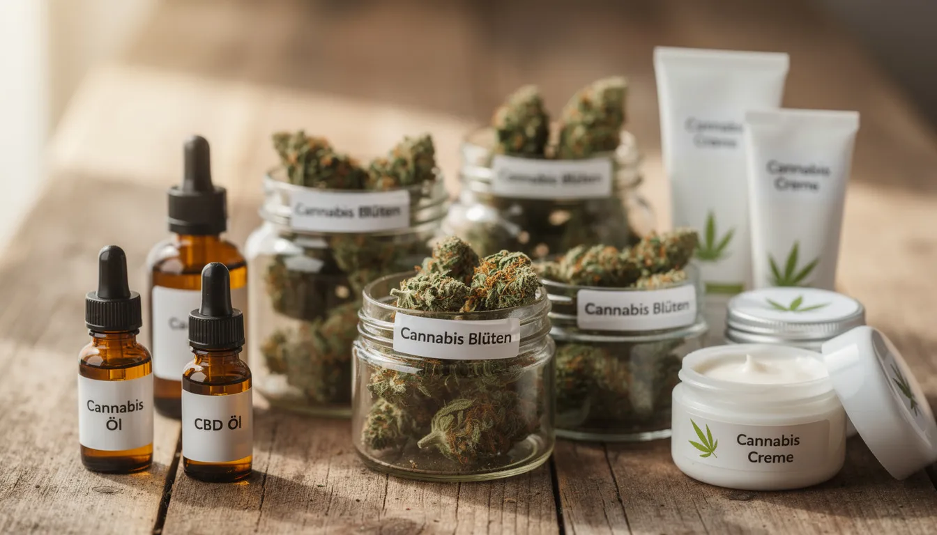 Auf einem Holztisch sind verschiedene Cannabisprodukte angeordnet, darunter Blüten, Öle und Cremes. Diese Produkte zeigen die Vielfalt der Cannabispflanze und ihre unterschiedlichen Anwendungsmöglichkeiten, wobei sie sowohl THCA als auch THC enthalten können.