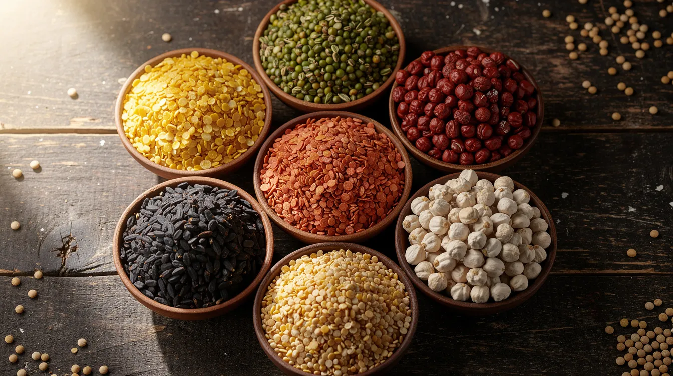 b0209e1d 7e0f 44a6 9936 455327fd3e91 The image features an assortment of different varieties of Indian pulses, including chana, moong, urad, toor, and tur, elegantly arranged in bowls. This colorful display highlights the raw materials commonly processed in dal mills, showcasing their importance as a protein source in Indian cuisine.