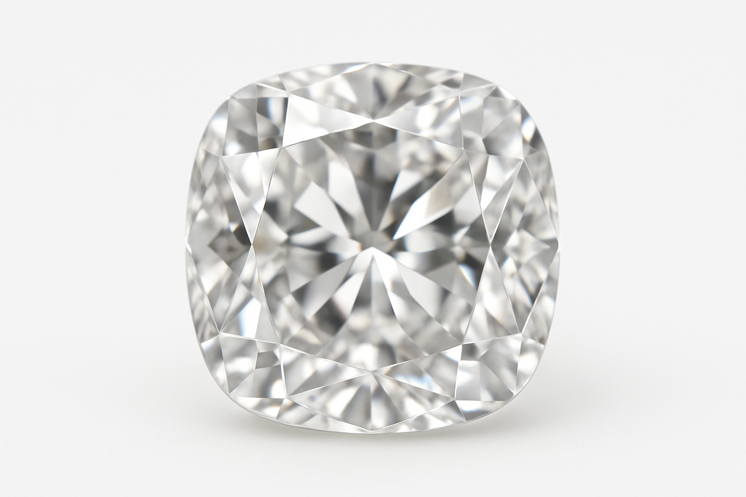 Senovinės formos deimanto makro nuotrauka ant balto fono, matomos preciziškos briaunos ir aukštas švarumo lygis