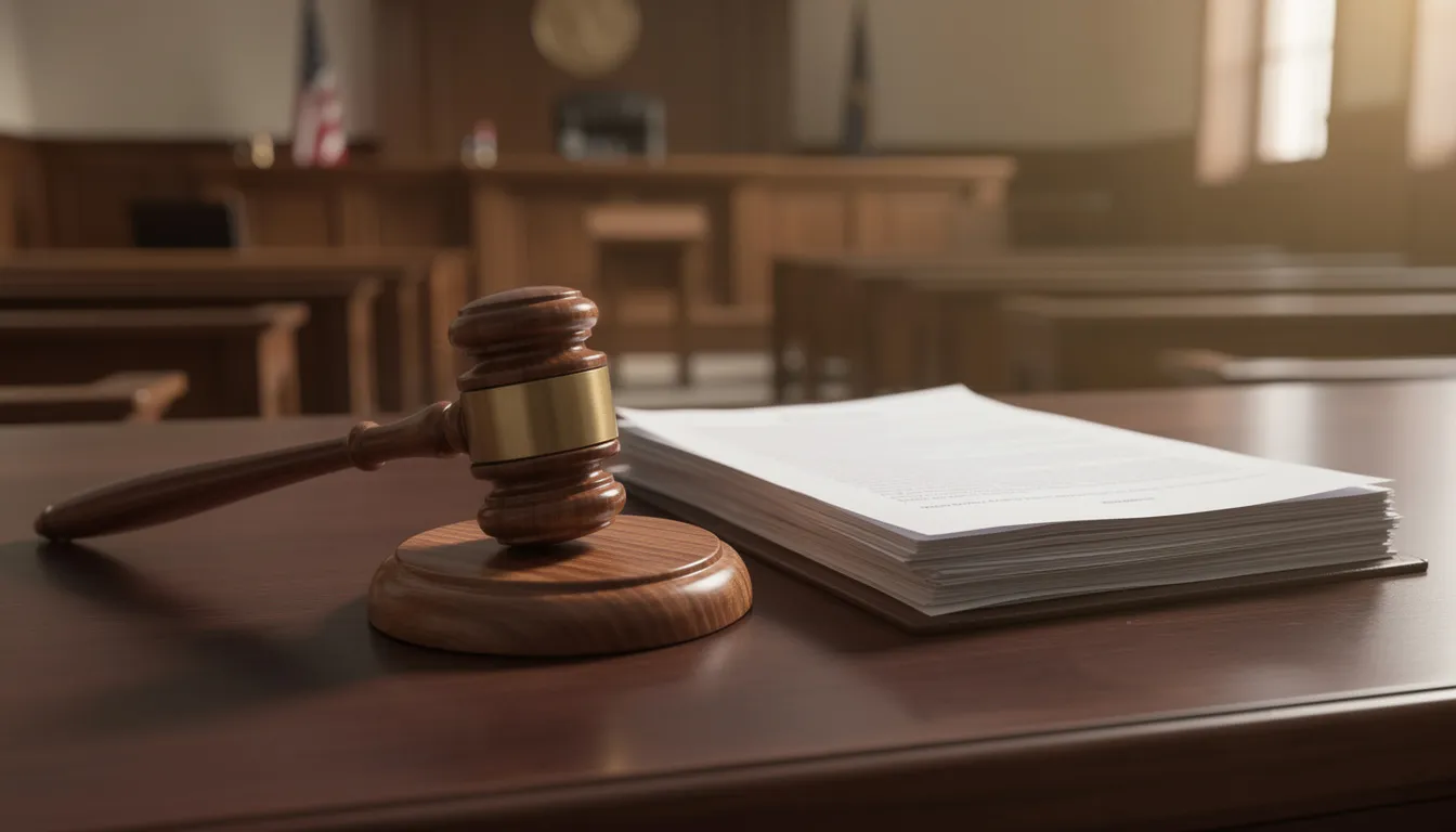 A wooden courtroom desk is adorned with a gavel and various legal documents, setting a serious tone for discussions about car accident lawsuits and personal injury claims. The scene reflects the legal system's focus on issues such as insurance coverage, vehicle damage, and the responsibilities of the at-fault driver in motor vehicle accidents.