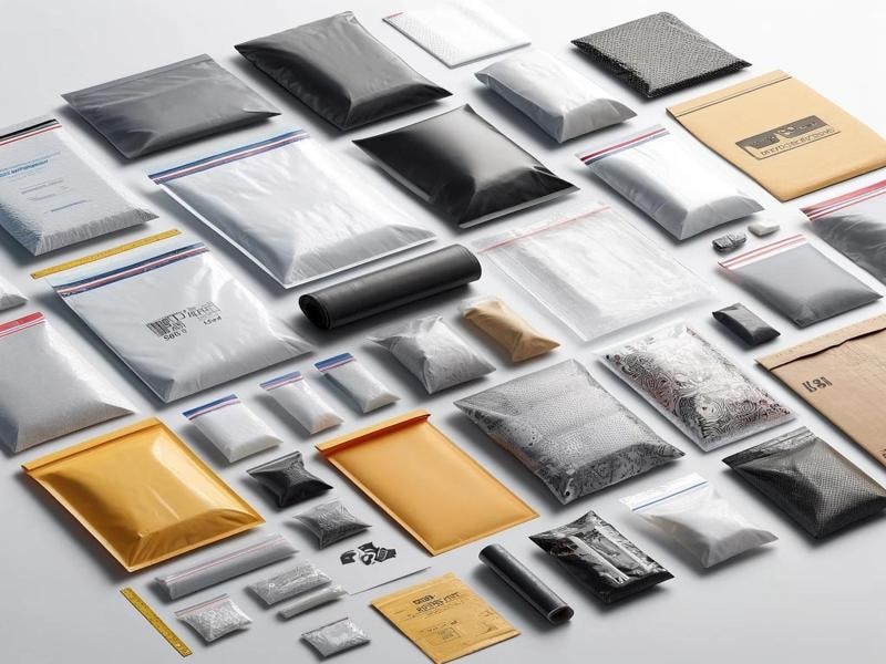 A photo showing different types of poly mailer bags in many sizes and colors on a white surface. Some bags have patterns, some are clear, and a ruler shows their size for comparison.