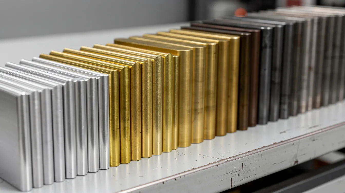 The image showcases rows of various metal bar stock, including polished aluminum rods, brass cylinders, and steel rounds, all standing upright. These materials are essential for CNC turning services, where precise machining processes are utilized to manufacture cylindrical parts with excellent mechanical properties and tight tolerances.