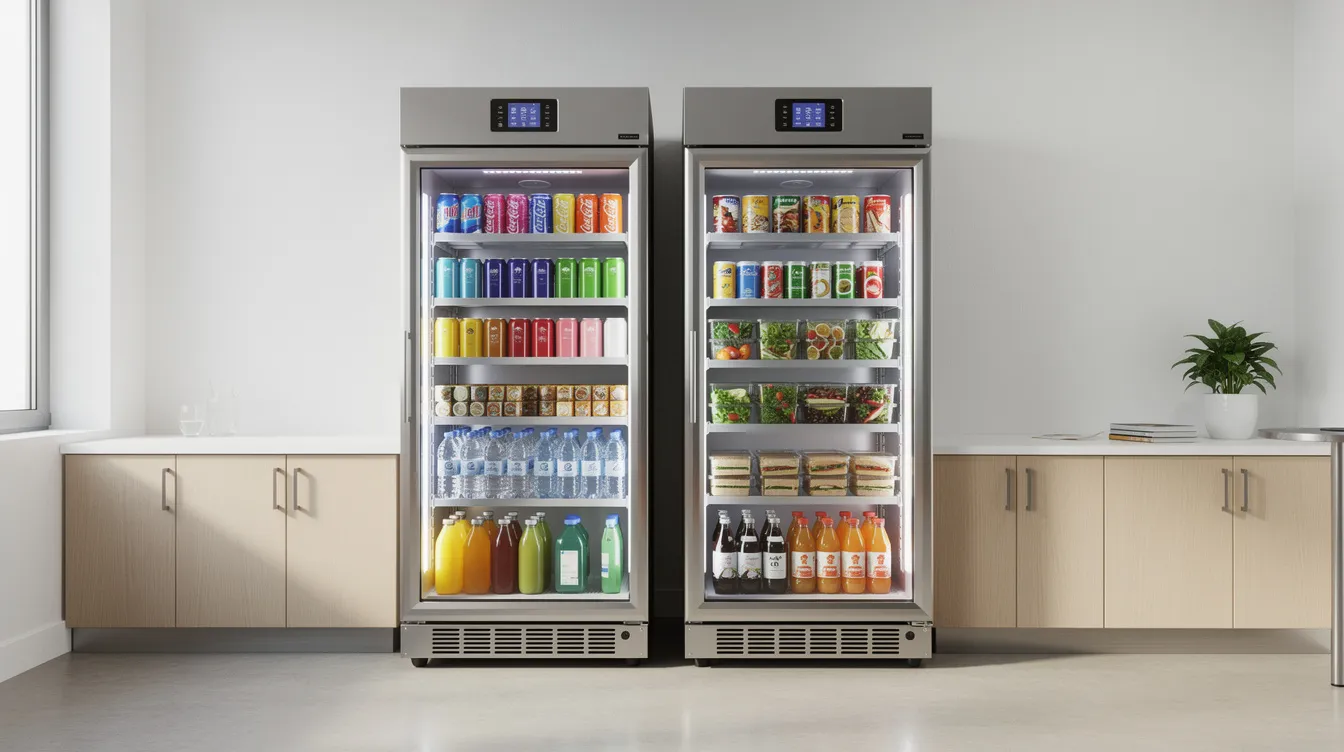 The image features two sleek commercial smart cooler units positioned side by side in a modern office breakroom. These units, equipped with glass doors, display organized shelves filled with a variety of beverages and meals, showcasing an efficient solution for customer satisfaction and convenience in high traffic locations.