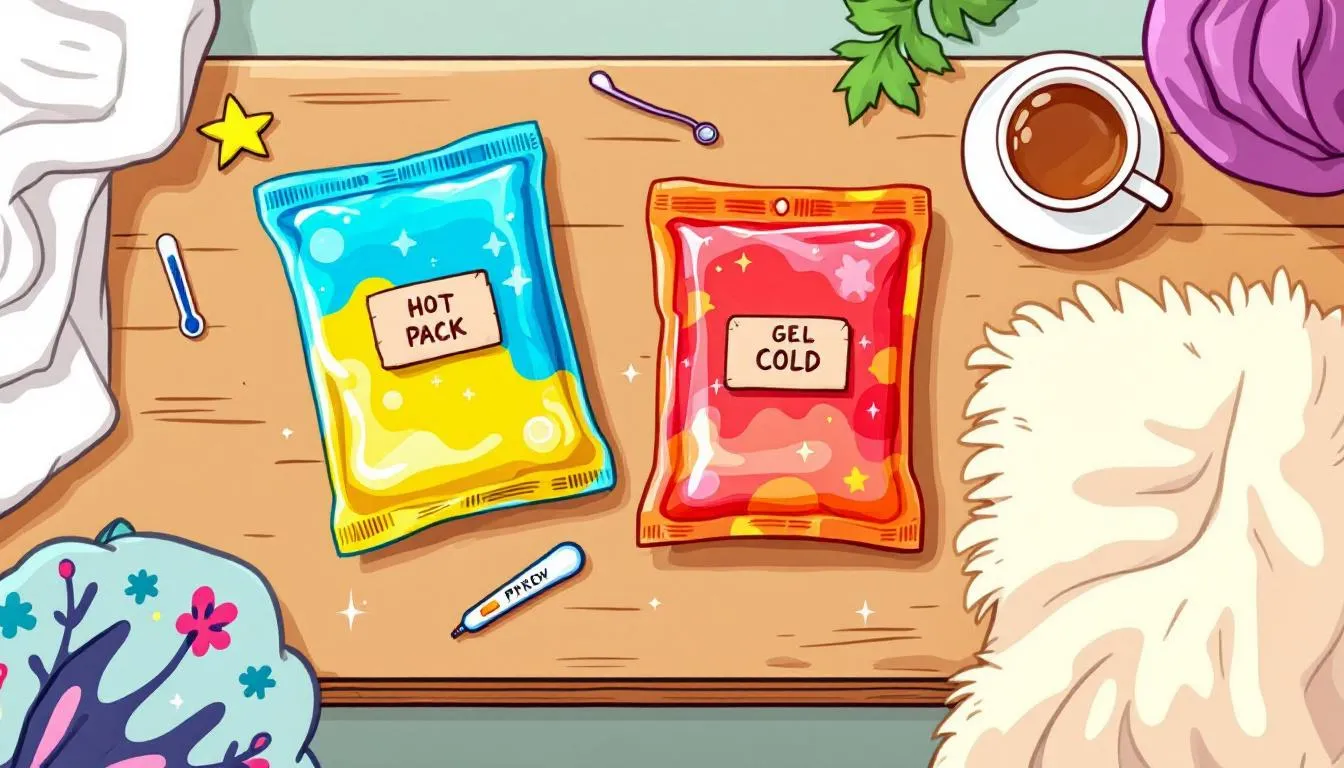 Gel packs for hot and cold therapy arranged on a table.
