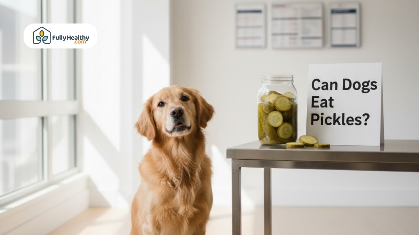 Golden retriever beside jar of pickles with can dogs eat pickles sign
