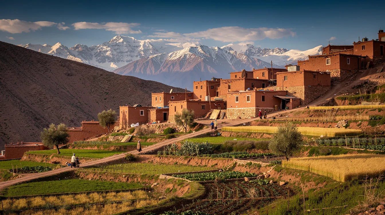 A picturesque traditional Berber village is nestled in the High Atlas Mountains, surrounded by terraced fields and towering mountains in the background, showcasing the natural beauty and rich culture of the region. This serene landscape reflects the essence of Berber life, offering an unforgettable experience for those exploring the Marrakech to Fes desert tour.