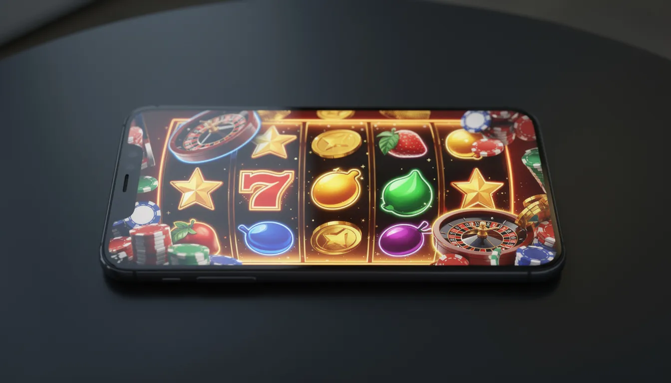 En smartphone visar en färgglad skärm med olika casinospel, vilket ger en känsla av spänning och underhållning. Spelen kan vara från Vera John, där nya spelare kan ta del av bonusar och spela ansvarsfullt.