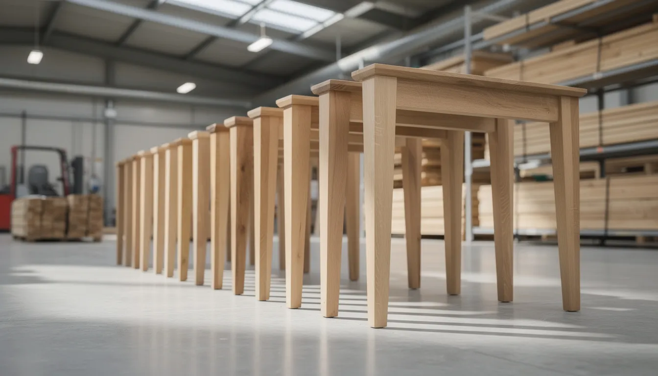 Na zdjęciu widoczne są drewniane nogi stołowe ustawione w rzędzie w hali produkcyjnej. Nogi wykonane z drewna bukowego charakteryzują się solidnością i trwałością, co sprawia, że są idealnym rozwiązaniem dla różnych aranżacji wnętrz.