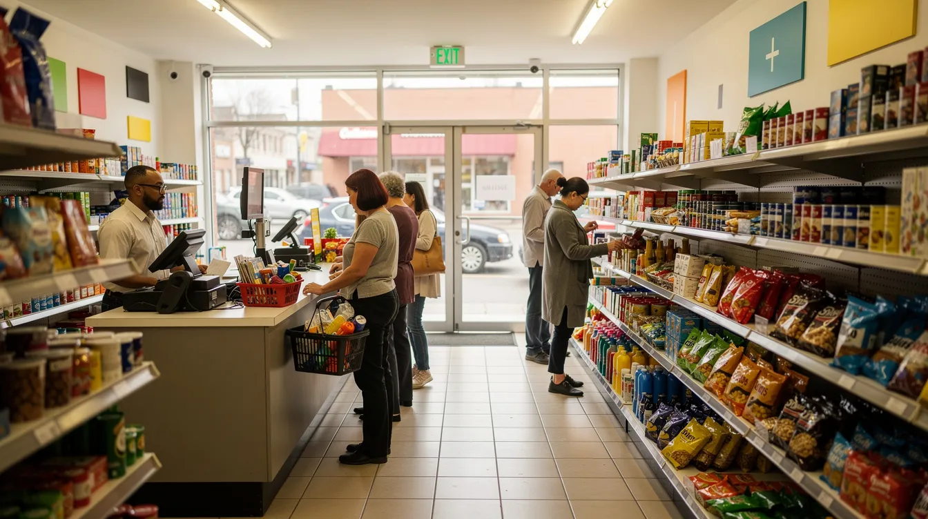 A bustling local retail store in New York is depicted mid-operation, with customers browsing various products and staff assisting at the checkout. The scene captures the vibrant atmosphere of everyday business, showcasing a variety of items in different sizes, emphasizing the importance of reliable capital for success in retail.