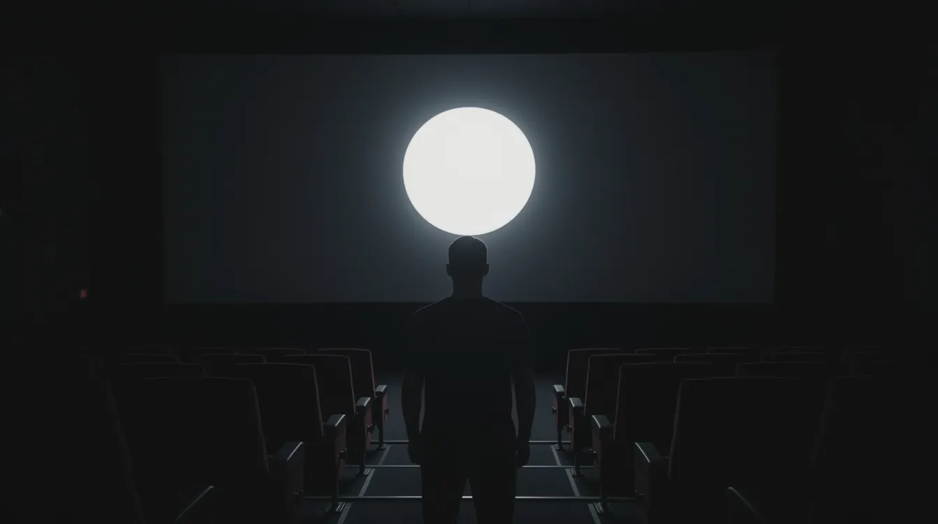 Die Silhouette eines Mannes steht in einem dunklen Kinosaal vor einer großen Leinwand, auf der ein heller, kreisrunder Lichtfleck zu sehen ist, der an die Spannung und das Geheimnis der James Bond Filme erinnert. Diese Szene könnte den Beginn eines neuen Bond-Abenteuers symbolisieren, in dem der Agent auf seine nächste Mission vorbereitet wird.